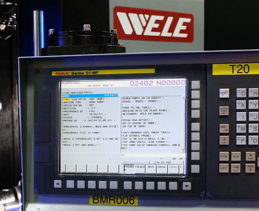 The Fanuc 0i-MF control software was altered by Whitehouse so that it can run programs     written for other machining centres on the shop floor at Stroud. The second Wele will be similarly modified