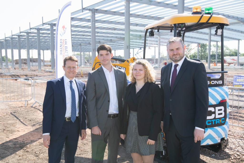 L-R: Mayor of the West Midlands Andy Street, George Hull lead engineer at UKBIC, Eve Wheeler-Jones PhD student at WMG, and then Minister for Business and Industry Andrew Stephenson at the UK Battery Industrialisation Centre under construction in Coventry, pictured at the launch of the Local Industrial Strategy