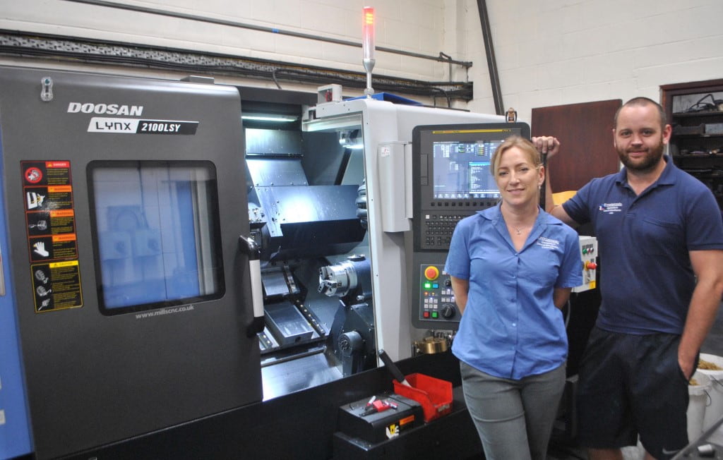 Erodatools’ Caroline Healey (works manager) and Jon Harper (machine shop manager) with their first Doosan machine tool investment, the Lynx 2100LSYB multi-tasking lathe