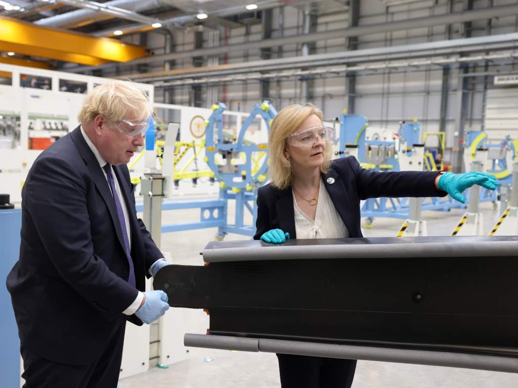 Liz Truss with Boris Johnson on a visit to GKN Aerospace, Bristol in 2021