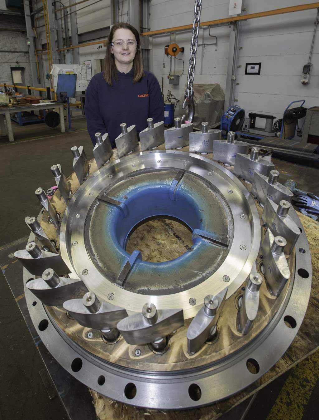 Justine Marshall with the finished machined ring in-situ after machining