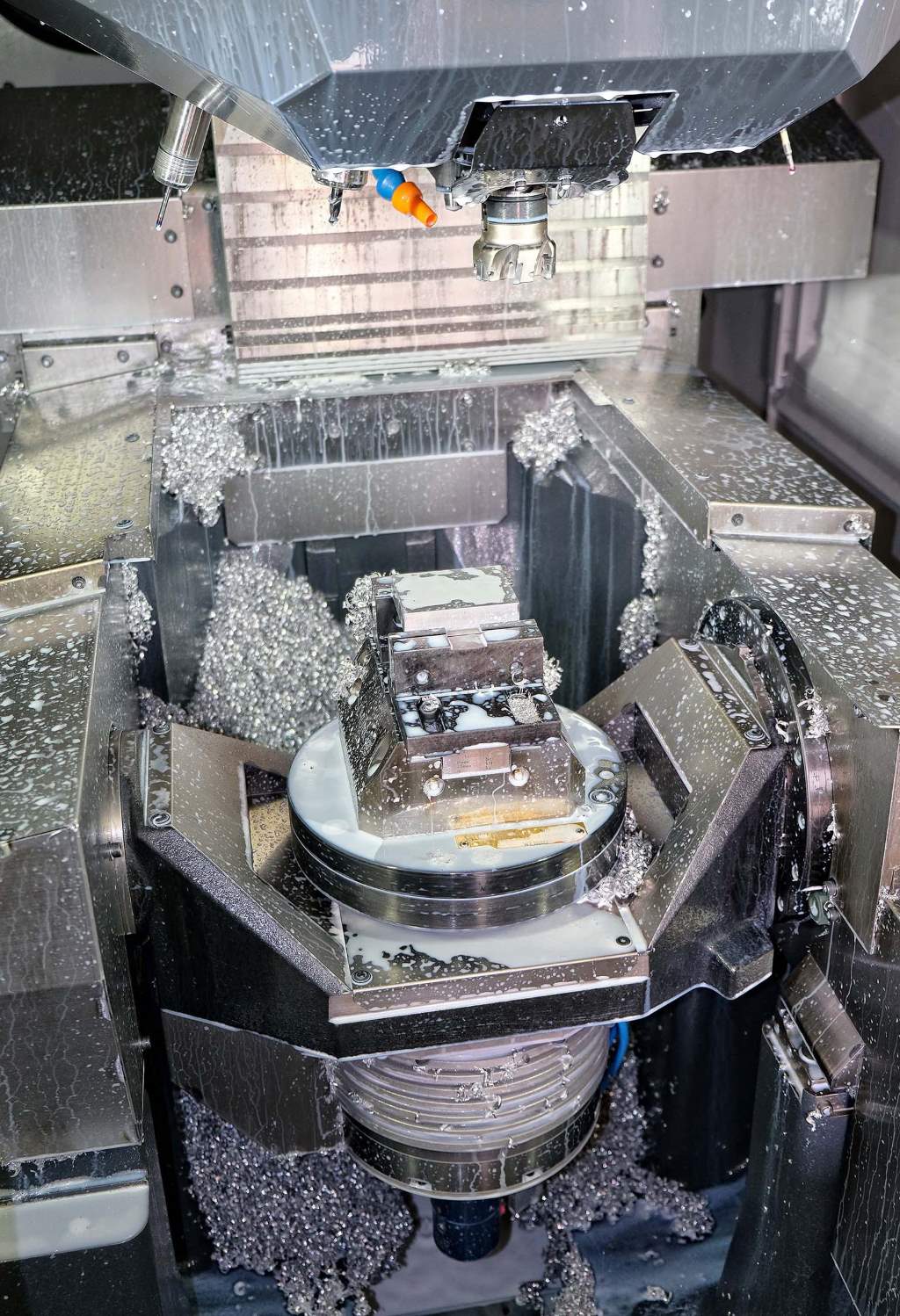 The working area of the 5-axis Speedio M200X3, showing the -30 to +120° trunnion configuration with rotary table driven by a torque motor (bottom centre) enabling in-cycle turning operations to be completed without re-fixturing