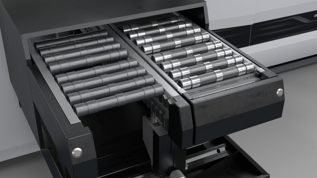 Adjustable synchronised chain with prism supports for up to 50 workpieces on the uniLoad