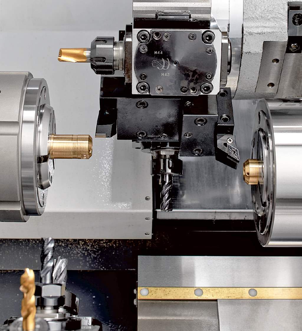 Unicut makes extensive use of superimposed machining, whereby the upper turret is used to machine parts in both spindles simultaneously thanks to 2-axis movement of the sub-spindle