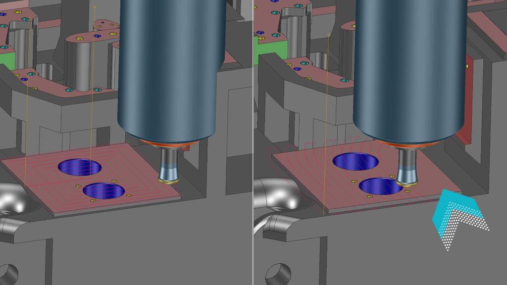 A collision with the machine head in 2.5D milling can be avoided through measures like automatic area reduction